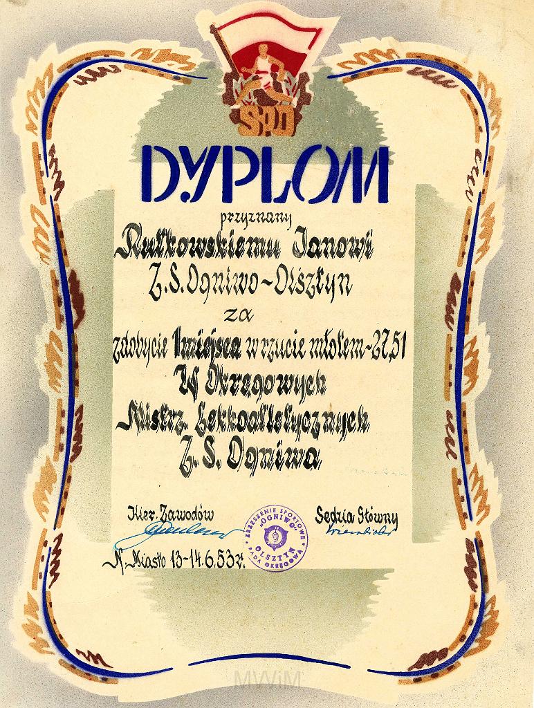 KKE 3251.jpg - Dyplom, Jana Rutkowskiego za I m. zrzut młotem, Nowe Miaste, 1953 r.
